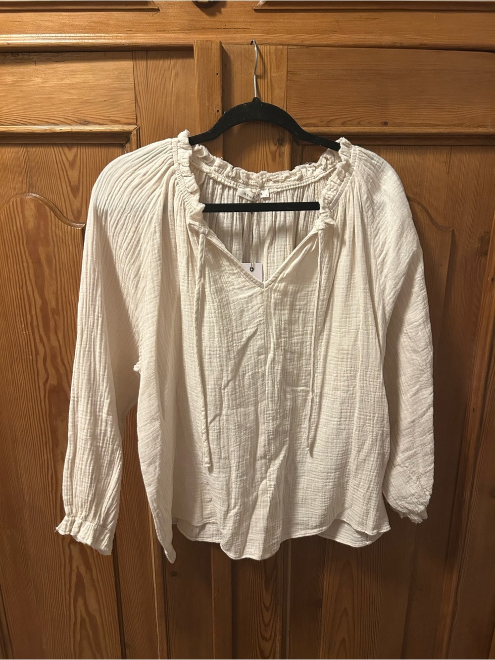 Neuflora Gauze Cream Ruffled Peasant Blouse with Tie Neck